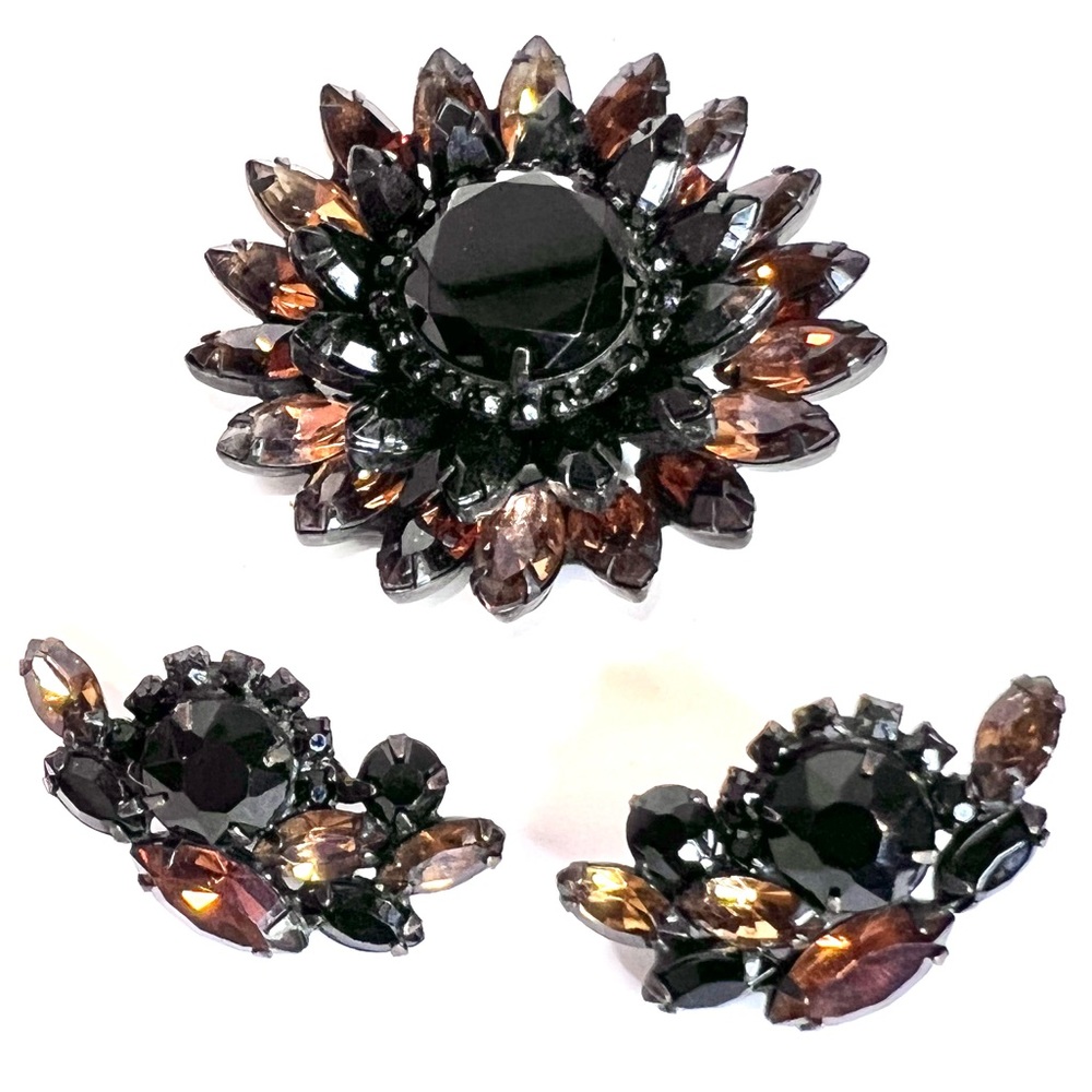 Elegant Dramatic Alice Caviness Brooch Earrings Faceted Glass Botanical Set